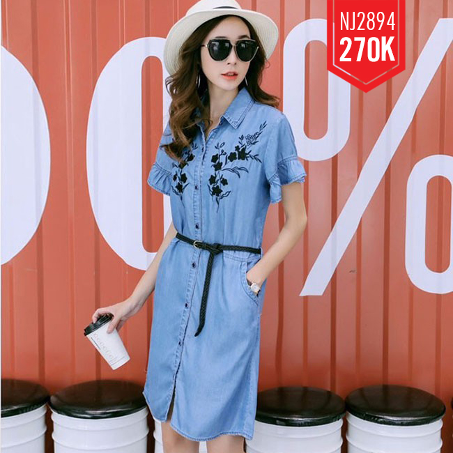 ĐẦM JEAN SUÔNG CỔ SƠ MI TAY LOE THÊU HOA